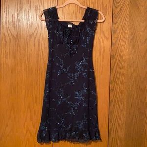 Size SMALL Taboo Dress in Navy with floral detail in light blue/teal glitter